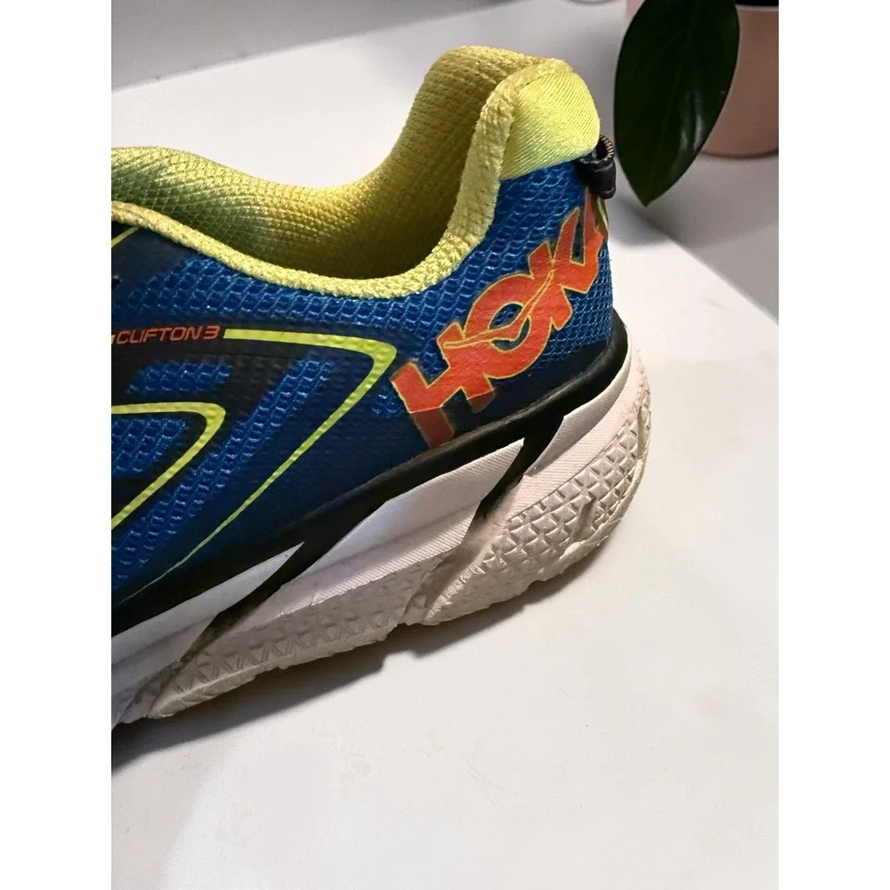 Hoka One One Clifton 3 Mens 10.5 Blue‎ Red Orange Running Shoes 1012046 BRON